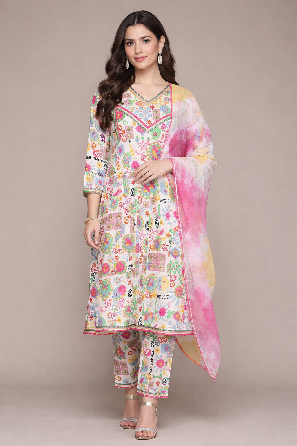 Saroya Premium Stitched 3 Piece Suit – Multicolour Artistic Print Kurta with Matching Trouser & Dupatta