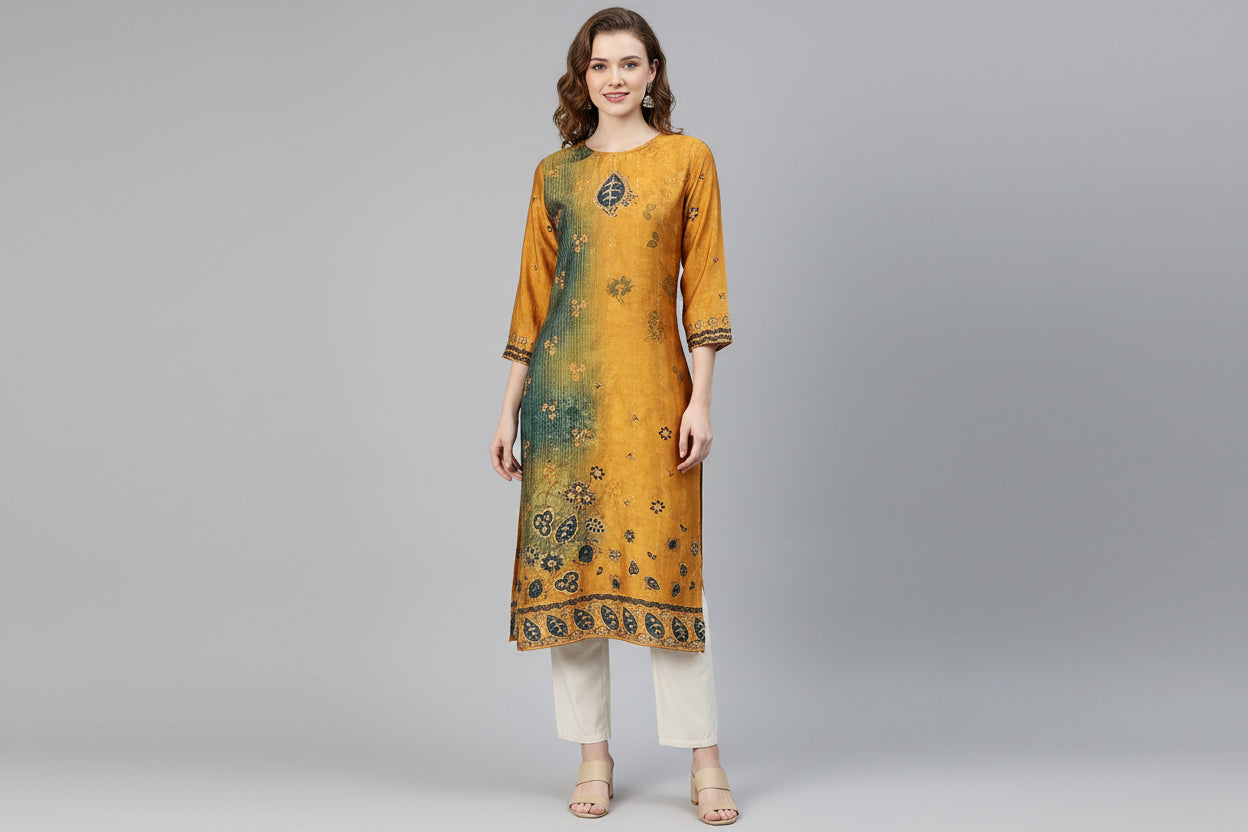 Saroya Printed Straight Kurti – Mustard Yellow with Green Artistic Pattern