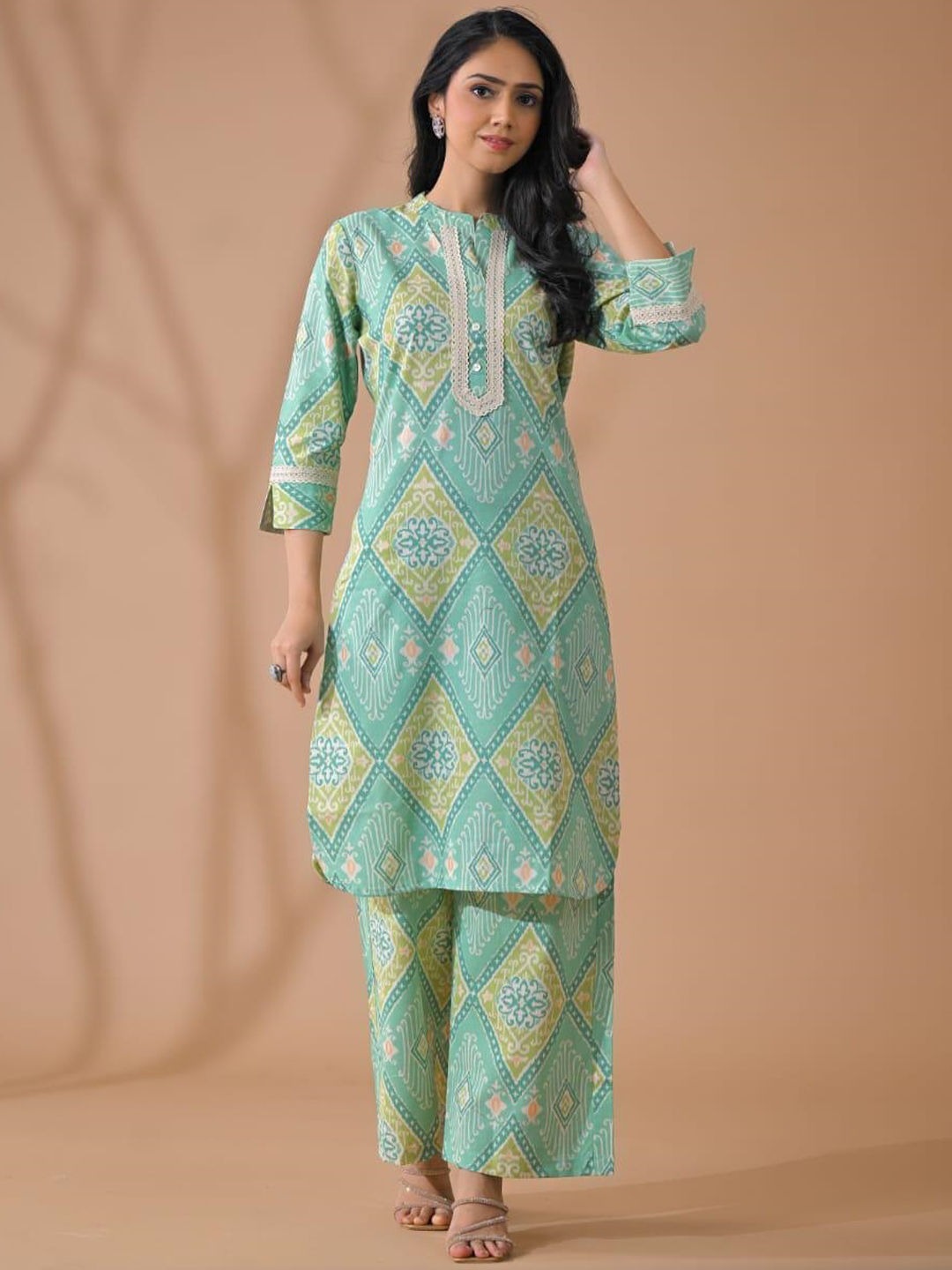 Saroya Premium Stitched 2 Piece Suit – Mint Green Geometric Printed Kurta & Wide-Leg Trousers