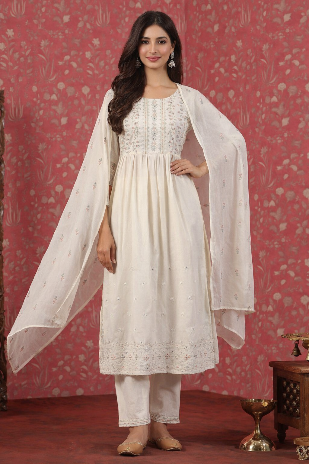 Saroya Premium Stitched 3 Piece Suit – Ivory Embroidered with Elegant Dupatta