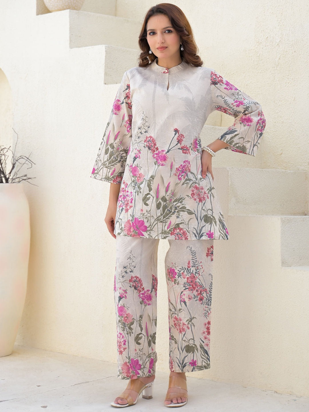 Saroya Premium Stitched 2 Piece Suit – Soft Beige Floral Printed Kurta & Straight Trousers