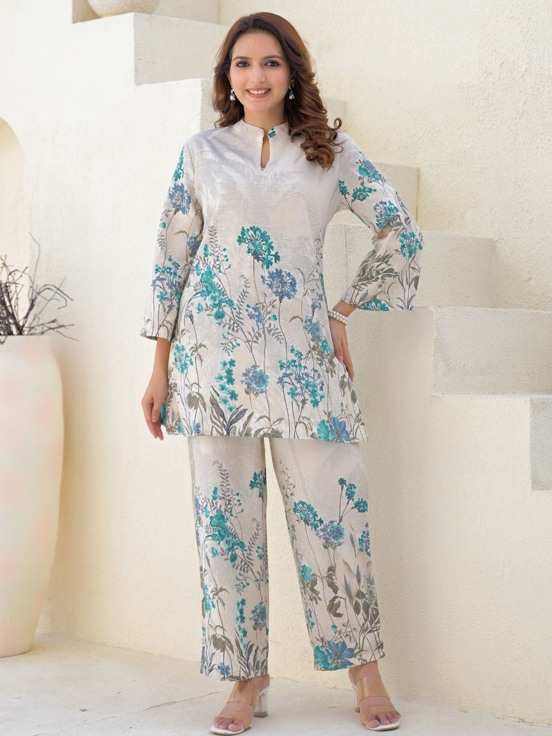 Saroya Premium Stitched 2 Piece Suit – Soft Beige Kurta with Blue Floral Print & Straight Trousers