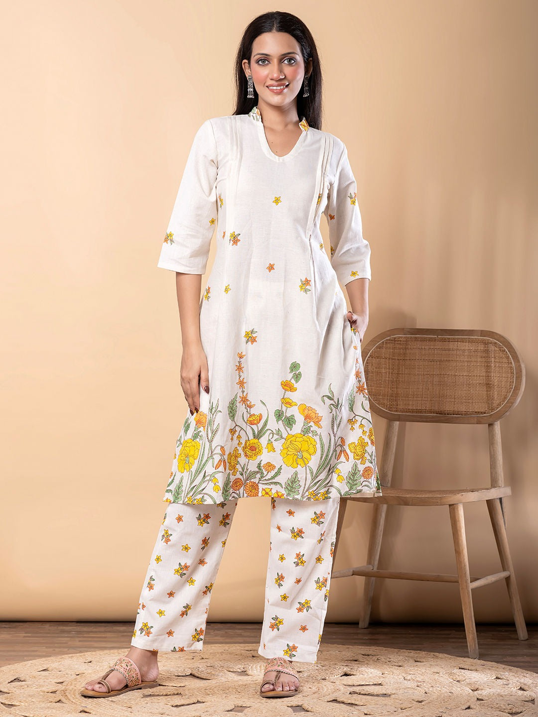Saroya Premium Stitched 2 Piece Suit – Ivory Kurta with Yellow Floral Print & Straight Trousers