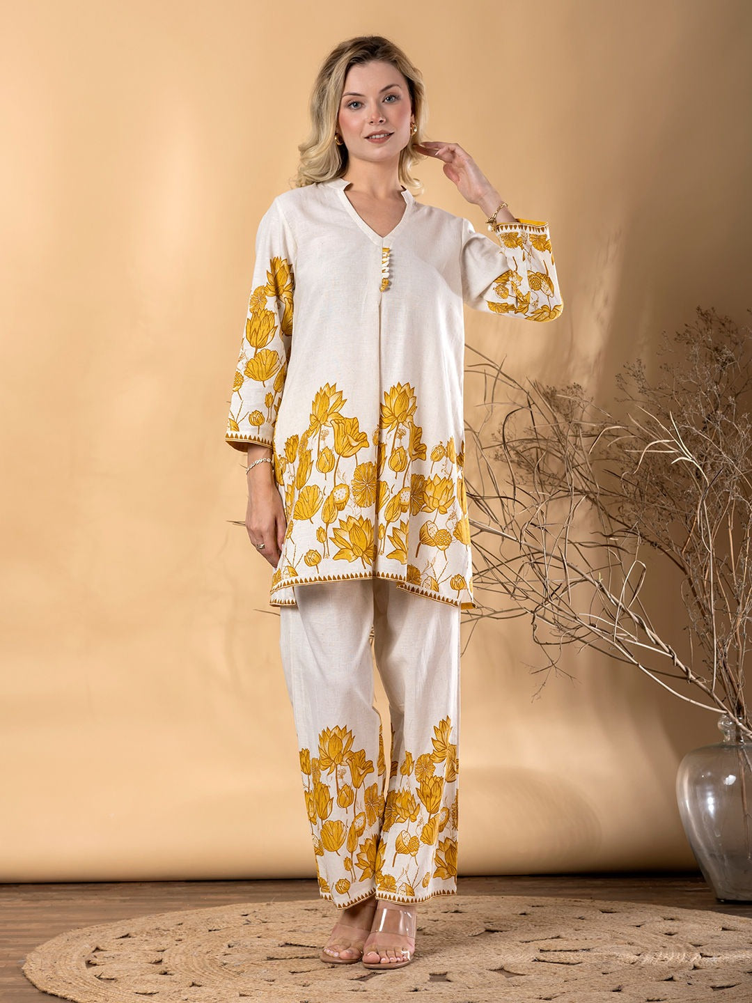 Saroya Premium Stitched 2 Piece Suit – Ivory Lotus Print with Mustard Floral Detailing