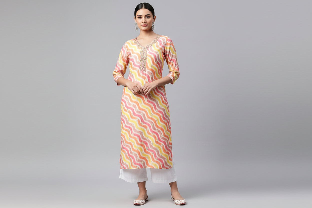 Saroya Printed Stitched Kurta – Peach & Yellow Wave Pattern with Embellished Neckline