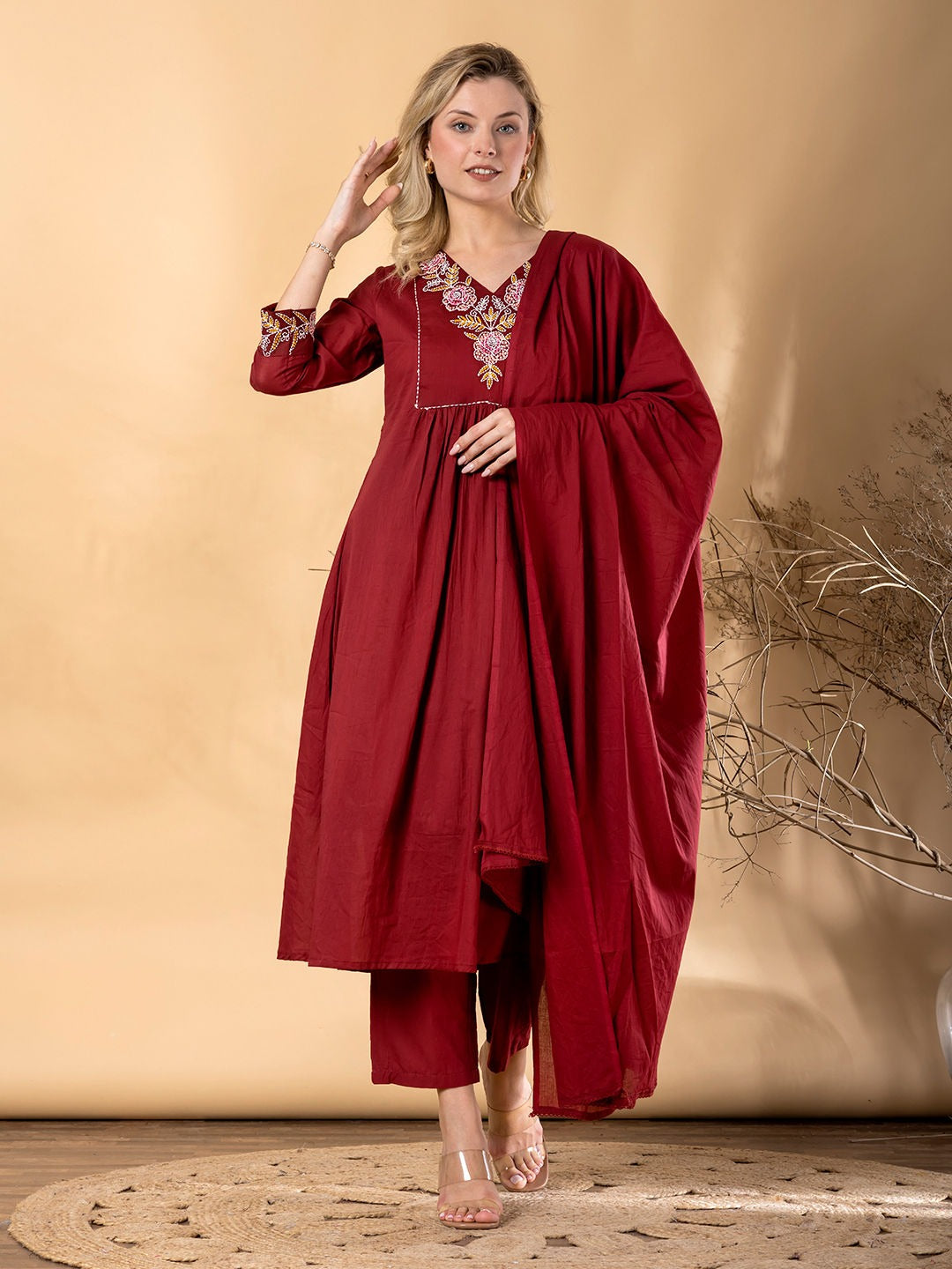 Saroya Maroon Embroidered 3 Piece Suit – Flowy Classic Ethnic Set