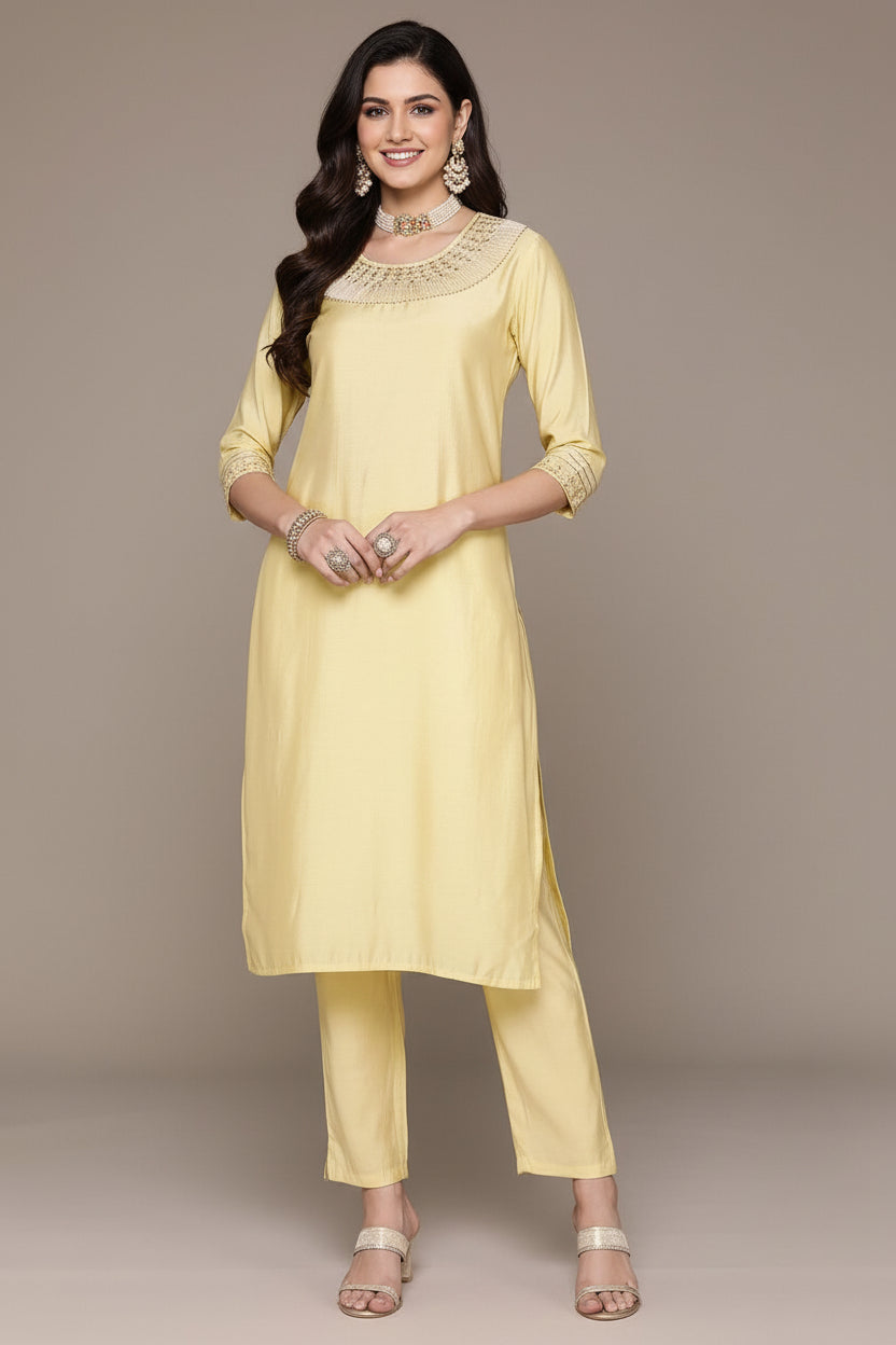 Saroya Premium Stitched 2 Piece Suit – Soft Lemon Yellow Kurta with Embellished Neckline
