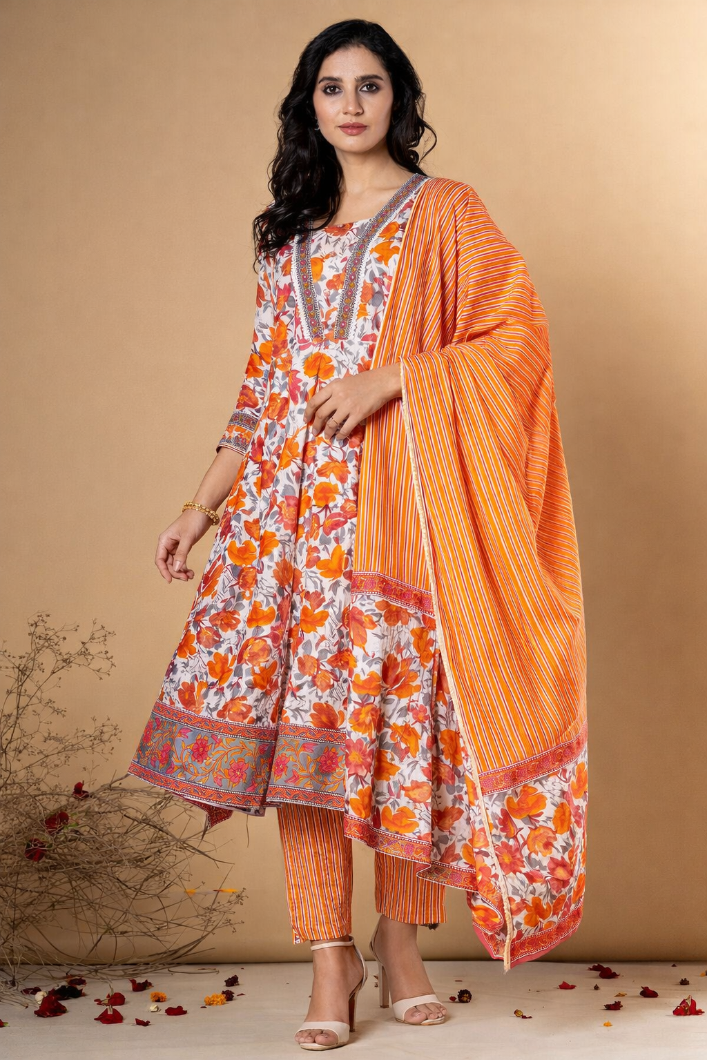 Saroya Premium Stitched 3 Piece Suit – Orange Floral Printed Kurta with Striped Trouser & Dupatta