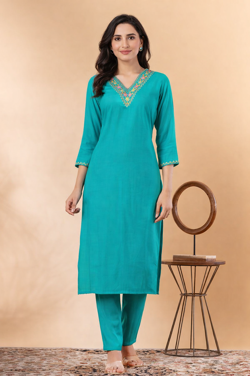 Saroya Premium Stitched 2 Piece Suit – Teal Embroidered Kurta with Matching Trousers