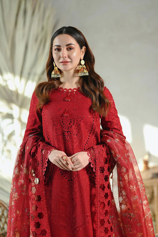 Saroya Luxury Lawn Stitched 3 Piece Suit – Deep Red