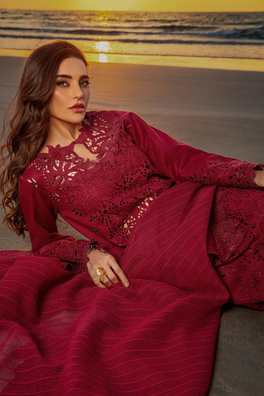 Saroya Luxury Lawn Stitched 3 Piece Suit – Maroon