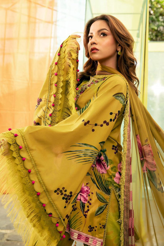 Saroya Luxury Lawn Stitched 3 Piece Suit – Mustard Yellow Floral Printed