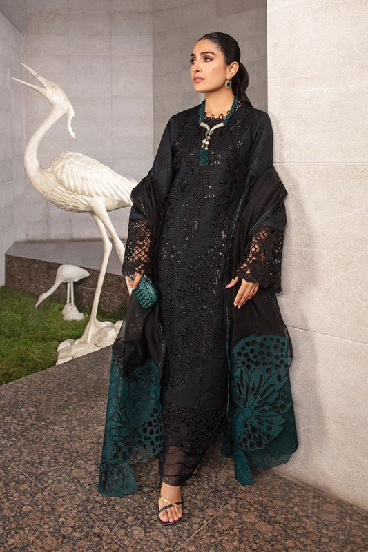 Saroya Luxury Lawn Stitched 3 Piece Suit – Black with Green Accents