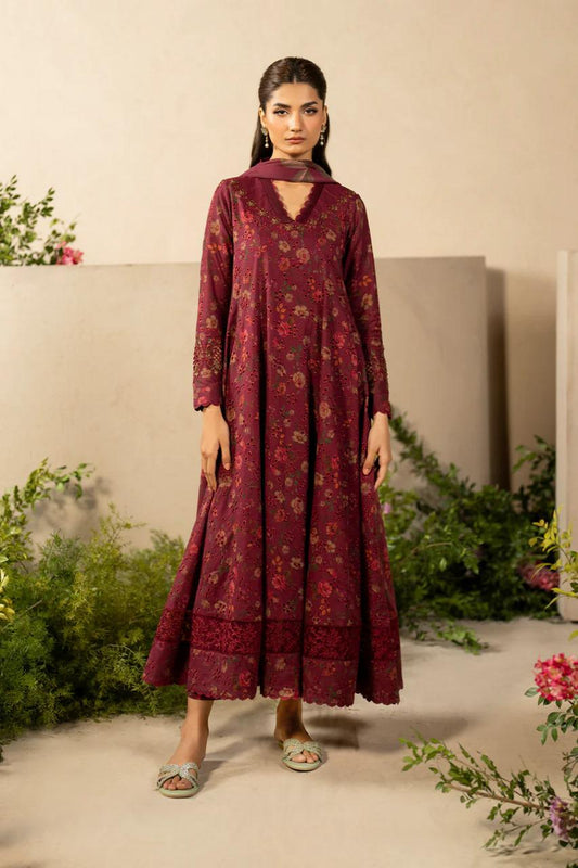 Saroya Luxury Lawn Stitched 3 Piece Suit – Maroon Floral A-Line