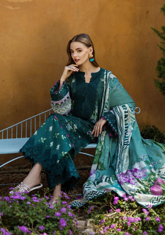 Saroya Luxury Lawn Stitched 3 Piece Suit – Deep Green Floral