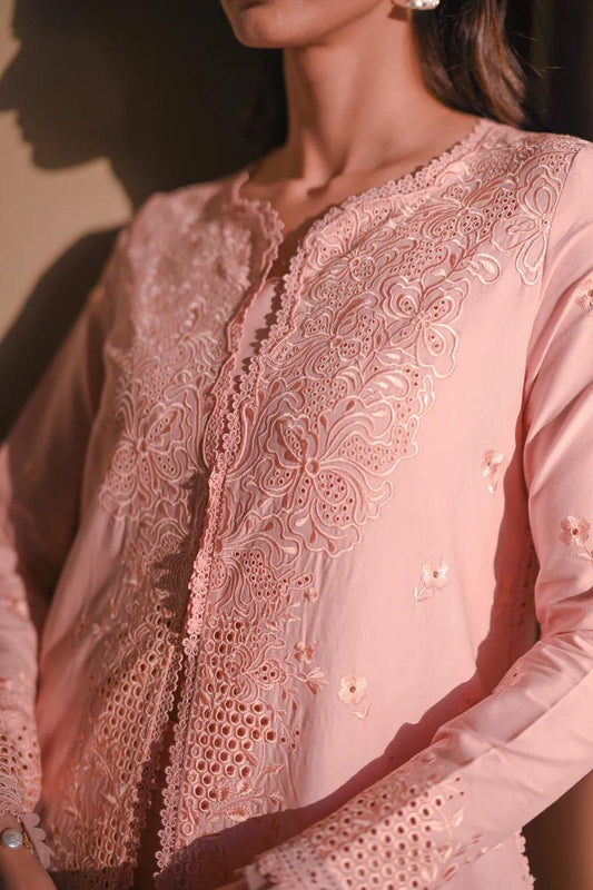 Saroya Luxury Stitched 3 Piece Suit – Blush Pink Embroidered with Statement Back Design