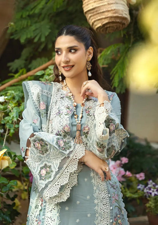 Saroya Luxury Lawn Stitched 3 Piece Suit – Pastel Blue Floral Design