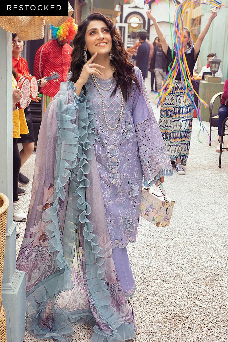Saroya Luxury Lawn Stitched 3 Piece Suit – Lilac with Ruffled Dupatta