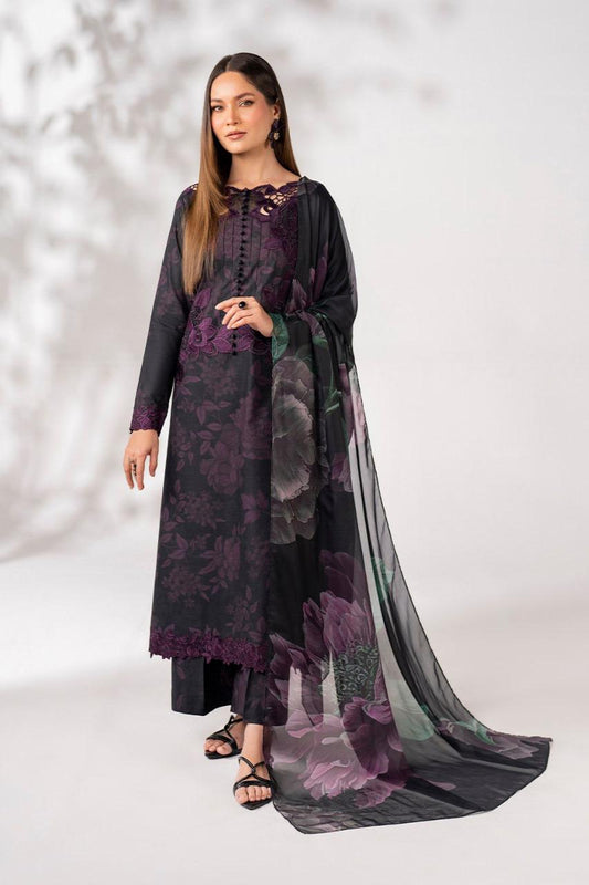 Saroya Luxury Lawn Stitched 3 Piece Suit – Black & Plum Floral Design