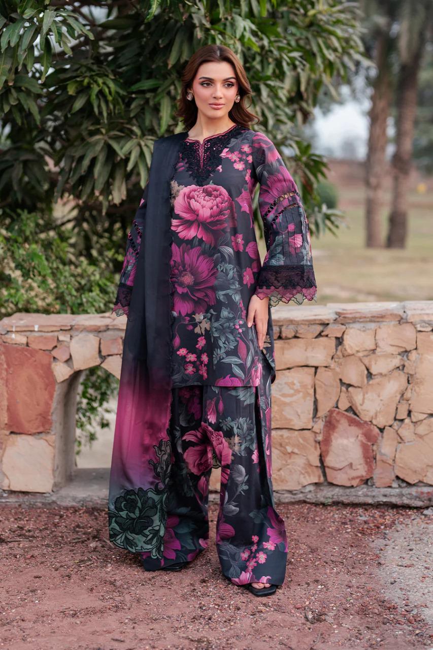 Saroya Luxury Lawn Stitched 3 Piece Suit – Black & Purple Floral Print