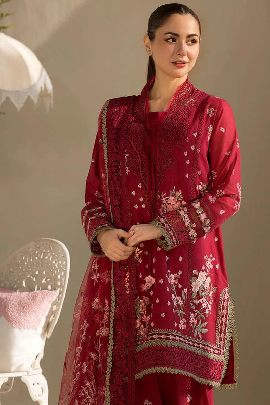 Saroya Luxury Lawn Stitched 3 Piece Suit – Deep Red Floral Embroidered