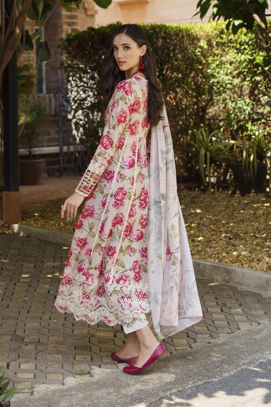 Saroya Luxury Lawn Stitched 3 Piece Suit – Ivory & Pink Rose Floral Design