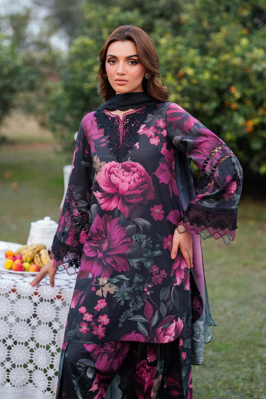 Saroya Luxury Lawn Stitched 3 Piece Suit – Black & Purple Floral Print