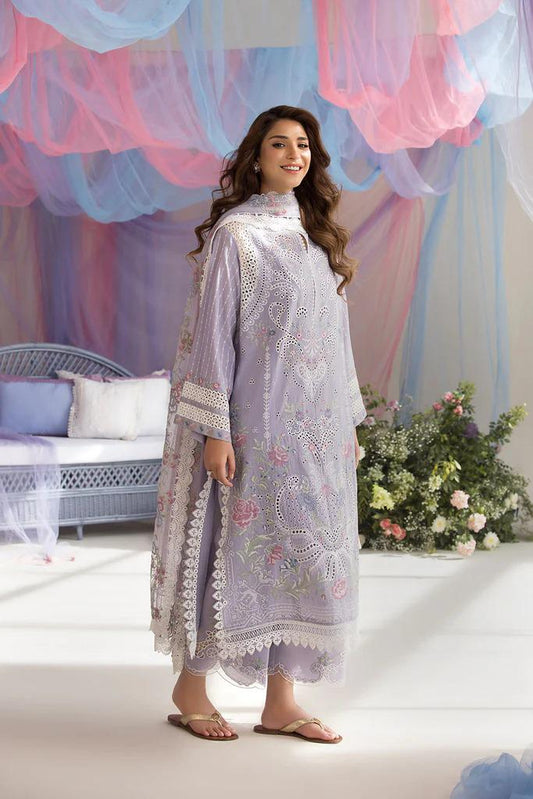 Saroya Luxury Lawn Stitched 3 Piece Suit – Lilac Cutwork with Floral Design