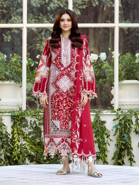 Saroya Luxury Lawn Stitched 3 Piece Suit – Red Geometric & Floral