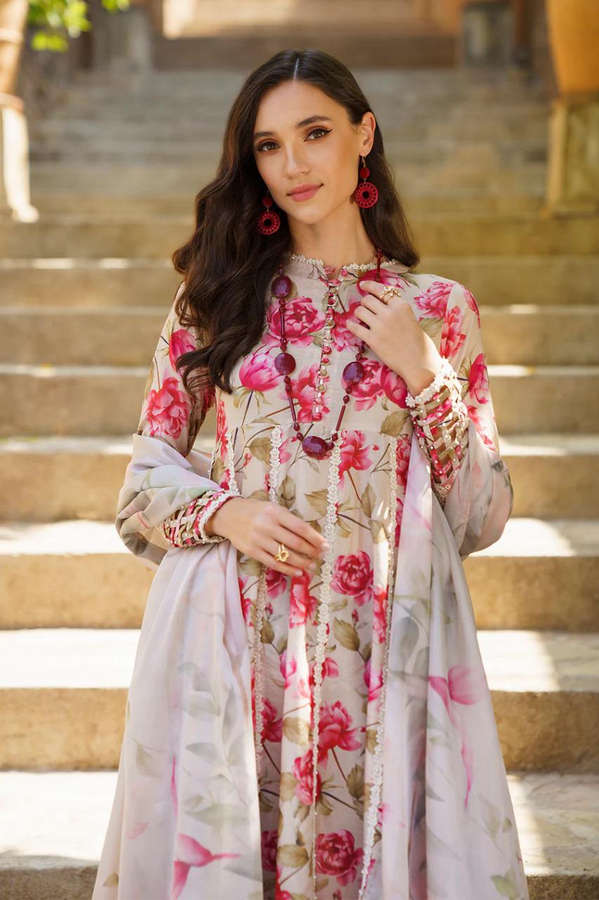 Saroya Luxury Lawn Stitched 3 Piece Suit – Ivory & Pink Rose Floral Design