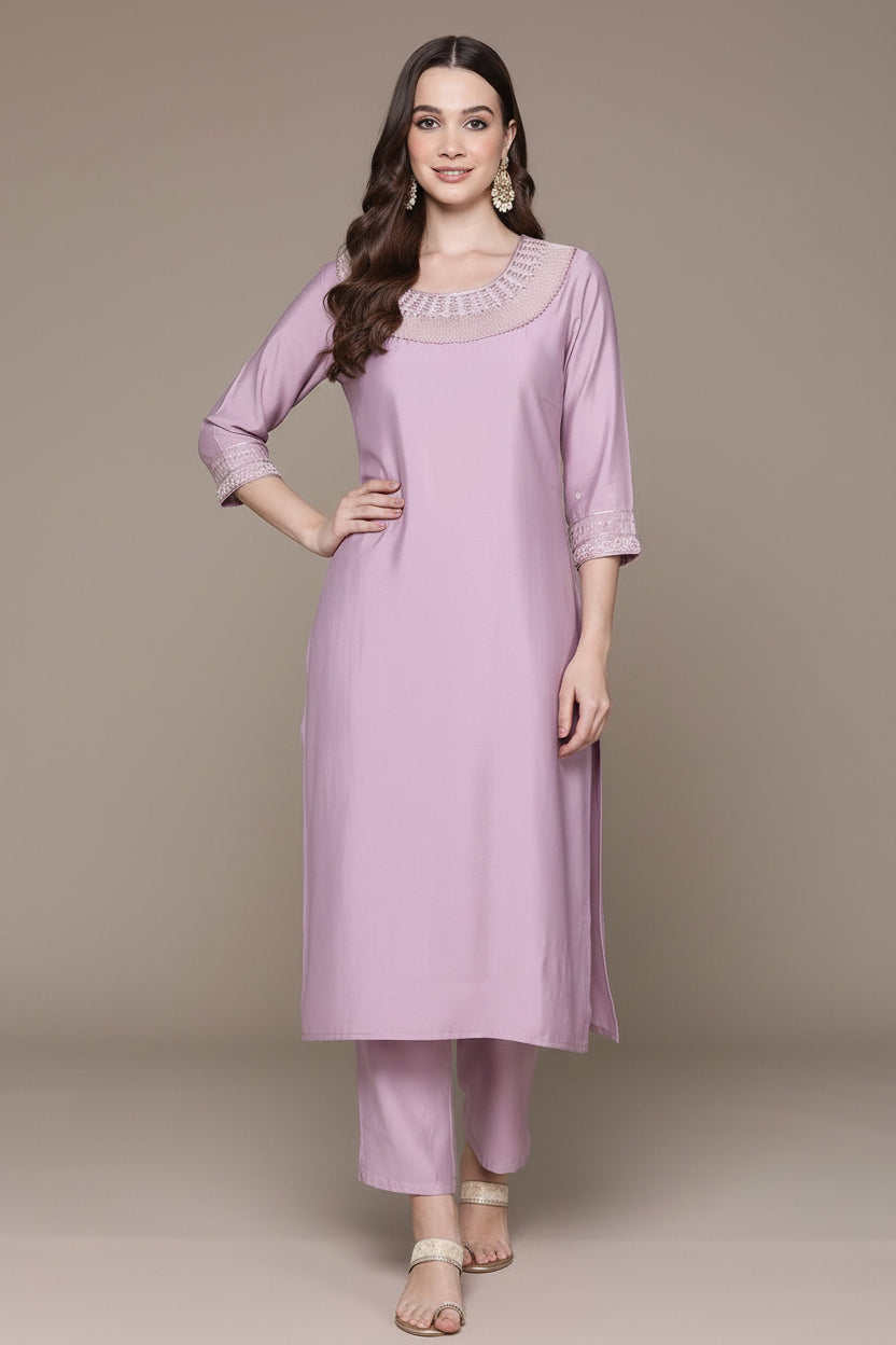 Saroya Premium Stitched 2 Piece Suit – Soft Lilac Kurta with Embellished Neckline