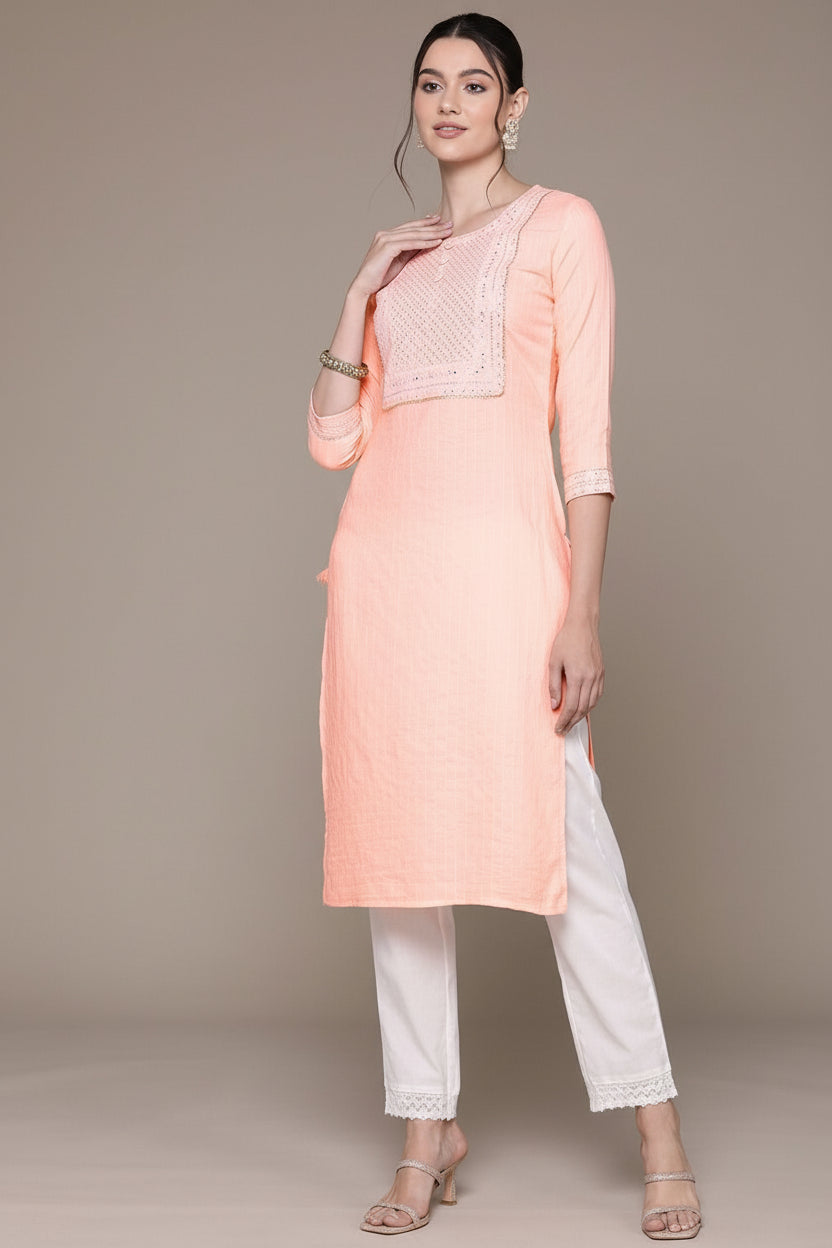 Saroya Premium Stitched 2 Piece Suit – Peach Embroidered Kurta with White Trousers