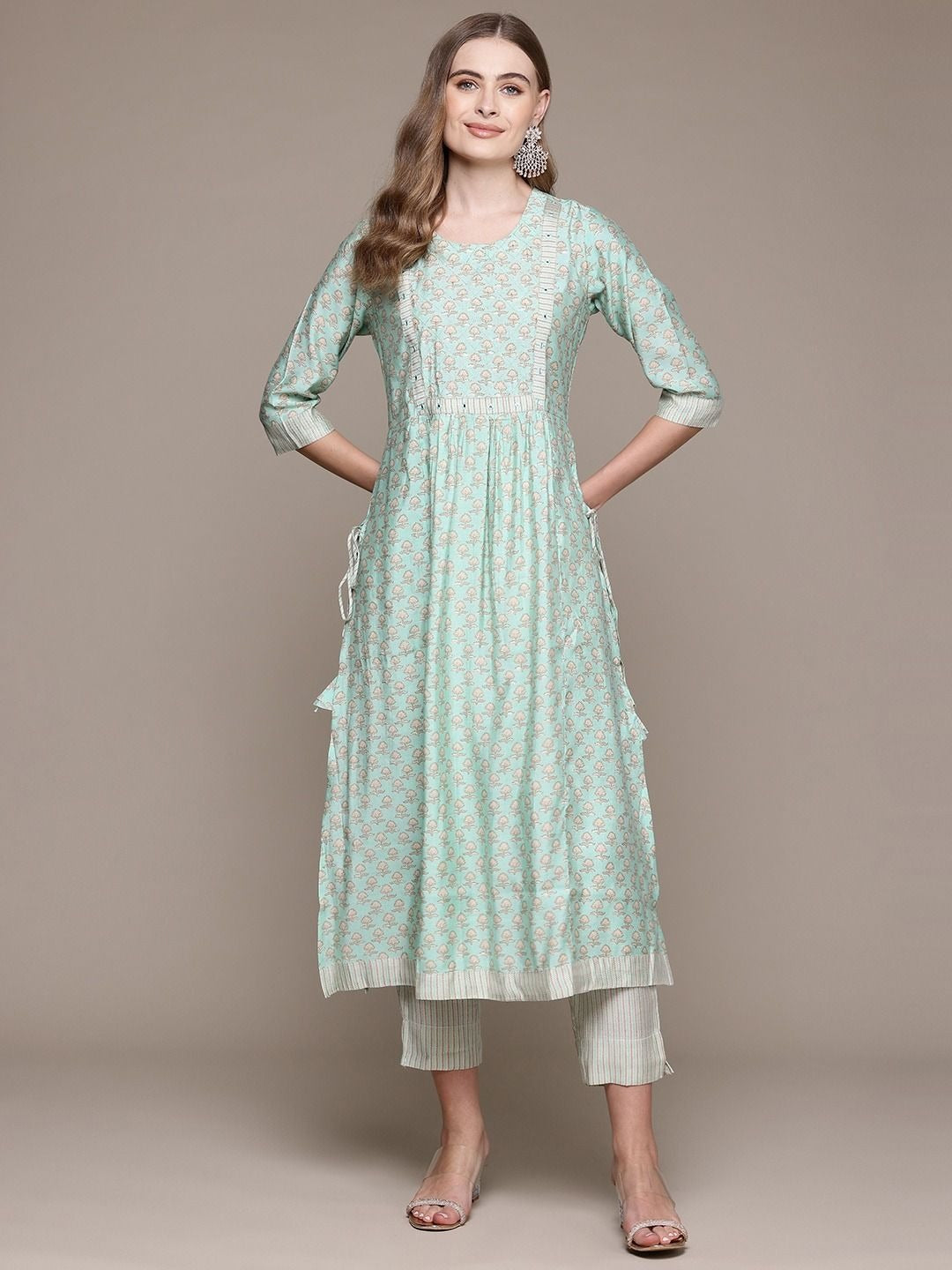Saroya Premium Stitched 2 Piece Suit – Mint Printed A-Line Kurta with Striped Trousers
