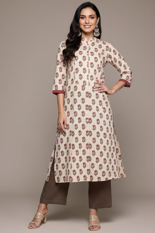 Saroya Premium Stitched 2 Piece Suit – Beige Printed Kurta with Contrast Brown Trousers