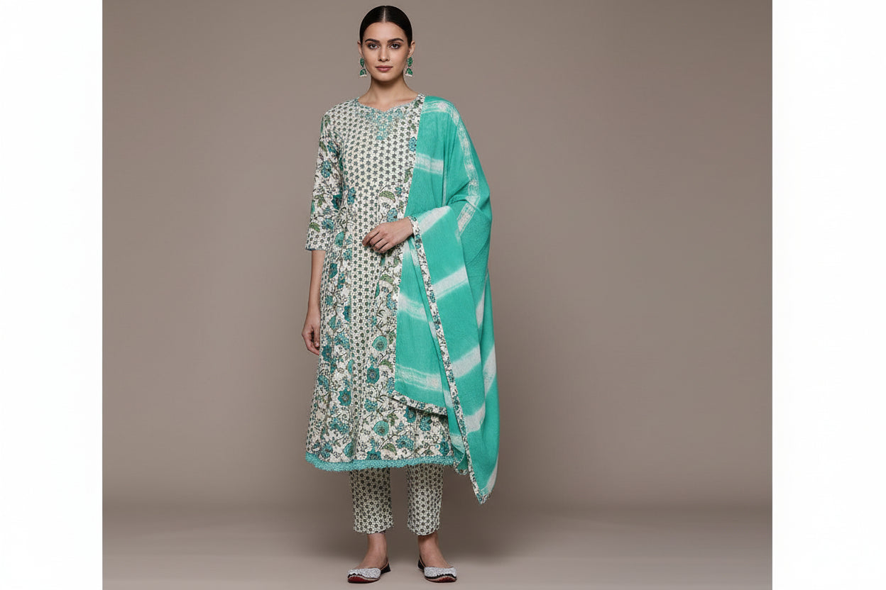 Saroya Premium Stitched 3 Piece Suit – Turquoise Floral Printed Kurta with Matching Trouser & Dupatta