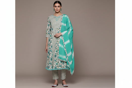 Saroya Premium Stitched 3 Piece Suit – Turquoise Floral Printed Kurta with Matching Trouser & Dupatta