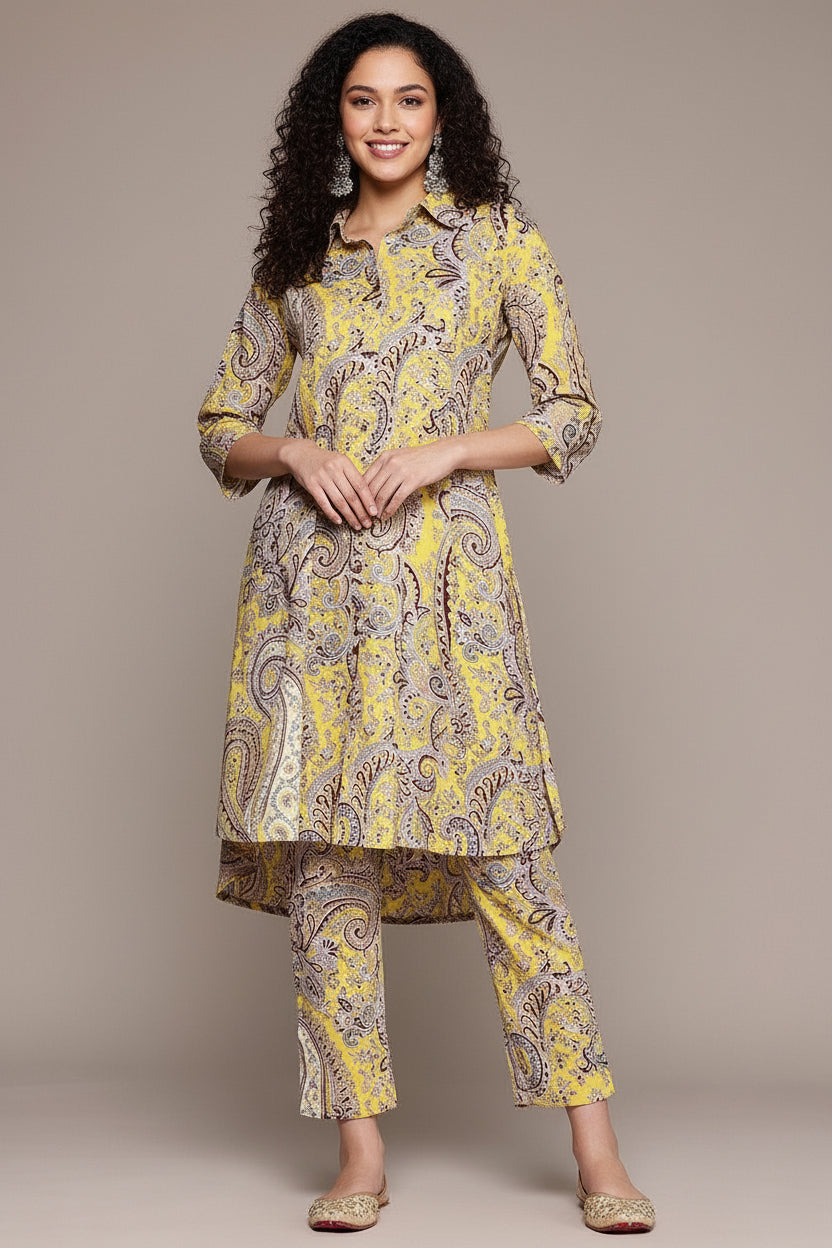 Saroya Premium Stitched 2 Piece Suit – Yellow Paisley Printed High-Low Kurta with Matching Trousers