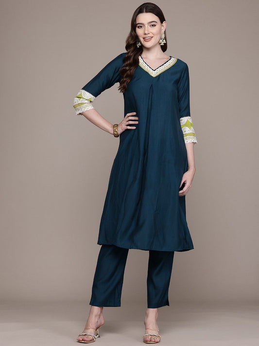 Saroya Premium Stitched 2 Piece Suit – Deep Teal Kurta with Embellished Neckline & Sleeves