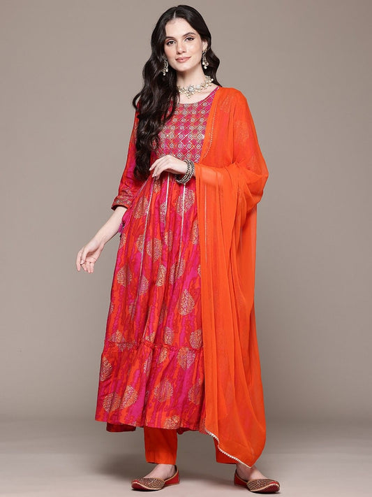 Saroya Premium Stitched 3 Piece Suit – Pink & Orange Printed Anarkali Kurta with Trouser & Dupatta