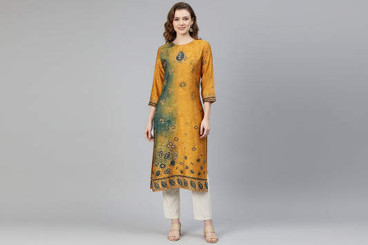 Saroya Printed Straight Kurti – Mustard Yellow with Green Artistic Pattern