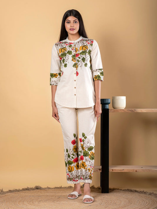 Saroya Premium Stitched 2 Piece Suit – Ivory Botanical Printed Kurta & Trouser Set
