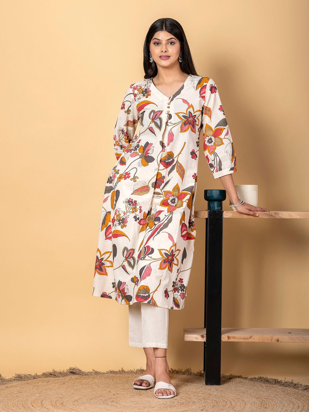 Saroya Premium Stitched Kurta Set – Ivory Artistic Floral Printed Long Kurta with Straight Trousers