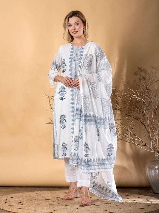 Saroya Premium Stitched 3 Piece Suit – White Printed Kurta with Blue Motifs, Trouser & Dupatta