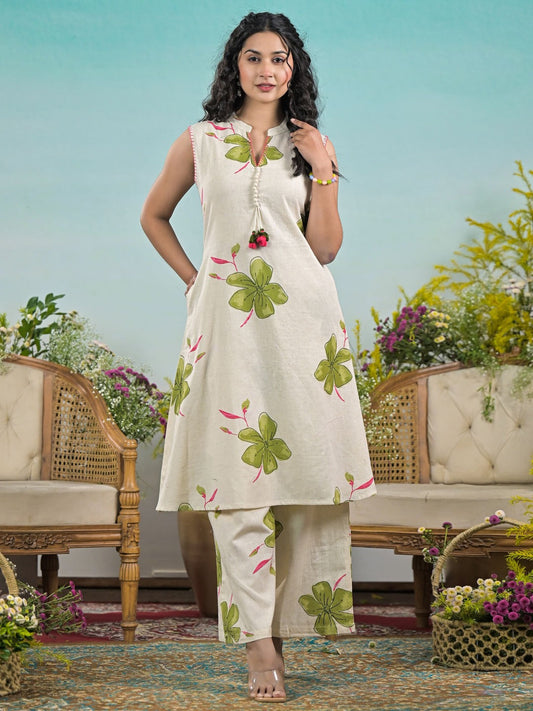 Saroya Premium Stitched 2 Piece Suit – Ivory Sleeveless Kurta with Green Floral Print & Straight Trousers