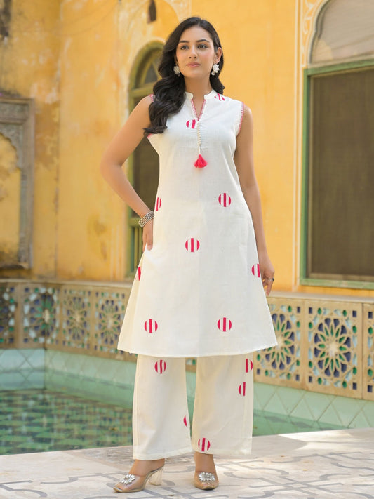 Saroya Premium Stitched 2 Piece Suit – Ivory Sleeveless Kurta with Pink Polka Detail & Straight Trousers