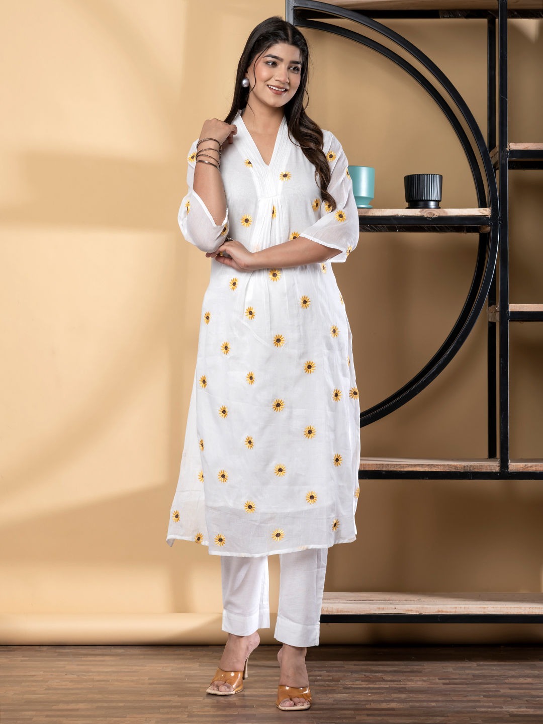 Saroya Premium Stitched 2 Piece Suit – White Kurta with Yellow Floral Motifs & Straight Trousers
