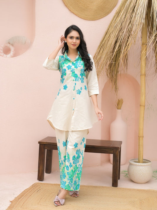 Saroya Premium Stitched 2 Piece Suit – Ivory Shirt-Style Kurta with Aqua Floral Print & Matching Trousers