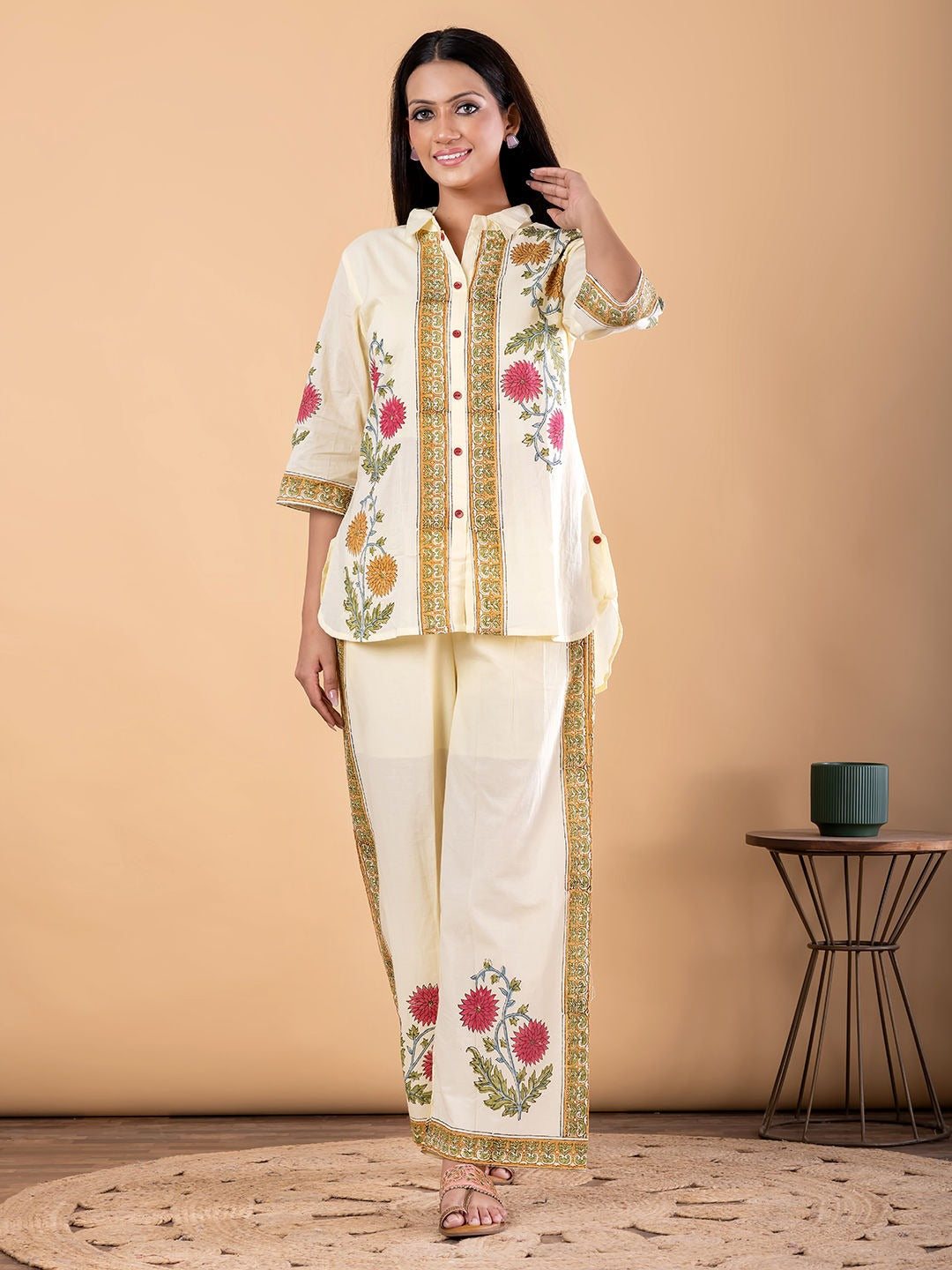 Saroya Premium Stitched 2 Piece Suit – Ivory Shirt-Style Kurta with Floral Border & Straight Trousers