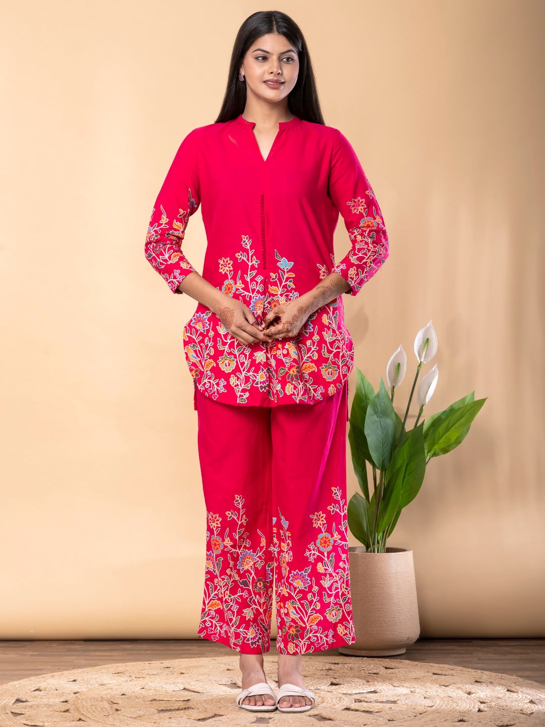 Saroya Premium Stitched 2 Piece Suit – Red Floral Printed Kurta with Matching Wide-Leg Trousers