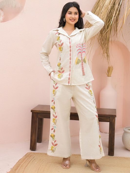 Saroya Premium Stitched 2 Piece Co-Ord Set – Cream Palm & Floral Printed Shirt with Matching Trousers